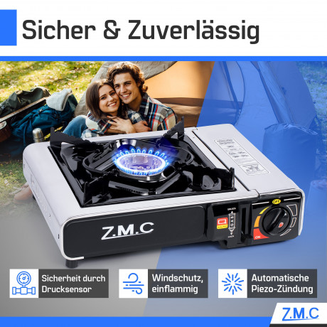 ZMC ZMC Gaskocher Edelstahl Gaskocher 1-flammig + Aufbewahrungskoffer + 4x Gaskartuschen, (Butangas Campingkocher fur Innenraum/Outdoor, Campinggaskocher 2,2 kW mit Piezozundung), Kochfeld Herd Gaskocher mit Kartusche, Gaskochfeld fur Camping  Газовая пли