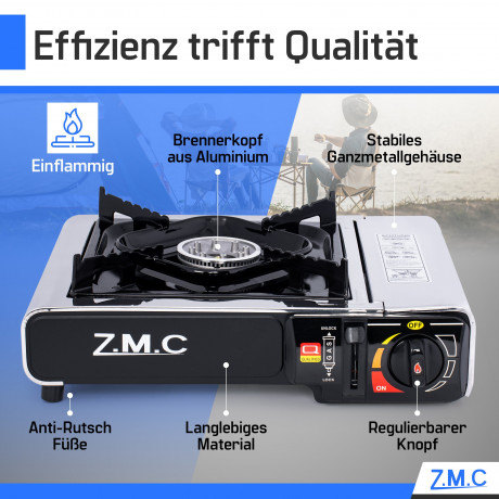 ZMC ZMC Gaskocher Edelstahl Gaskocher 1-flammig + Aufbewahrungskoffer + 4x Gaskartuschen, (Butangas Campingkocher fur Innenraum/Outdoor, Campinggaskocher 2,2 kW mit Piezozundung), Kochfeld Herd Gaskocher mit Kartusche, Gaskochfeld fur Camping  Газовая пли