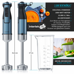Arendo Arendo Stabmixer, 1000 W, Edelstahl, Purierstab, Turbotaste, abnehmbarer Mixfuss, Messbecher  Ручной блендер Arendo, 1000 Вт, нержавеющая сталь, стержень для пюре, турбо-кнопка, съемная ножка для смешивания, мерный стакан.