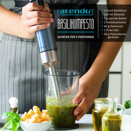 Arendo Arendo Stabmixer, 1000 W, Edelstahl, Purierstab, Turbotaste, abnehmbarer Mixfuss, Messbecher  Ручной блендер Arendo, 1000 Вт, нержавеющая сталь, стержень для пюре, турбо-кнопка, съемная ножка для смешивания, мерный стакан.