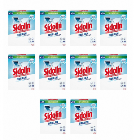 Sidolin Brillenputztucher Streifenfrei, 20 х 10stk Sidolin Extra Soft влажные салфетки для очков и оптики (Германия), анти-жир, без разводов, для линз и экранов, 20 шт x 10 упаковок