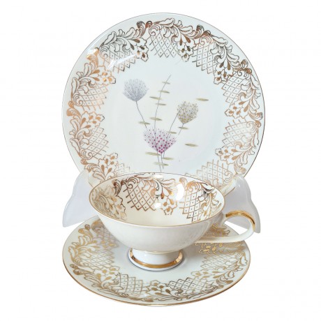 Bareuther Винтажное Чайное трио "Флора" и обильным позолоченным узором, Германия, 1960-70гг.