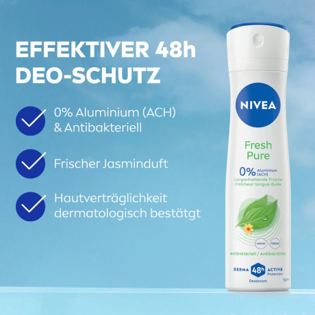 NIVEA Fresh Pure Deodorant Spray, 150 ml, Нивеа Дезодорант спрей, аромат жасмина, 0% алюминия, формула INFINIFRESH, 48ч защита, 150 мл