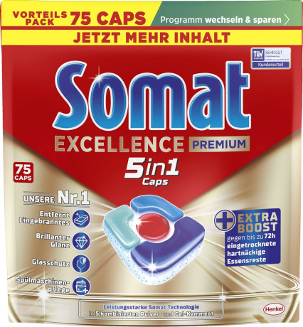 SOMAT Excellence Premium 5in1 Caps Vorteilspack, 75 St, Сомат Капсулы для посудомоечной машины 5в1 Premium, глубокая очистка и блеск, 75 шт