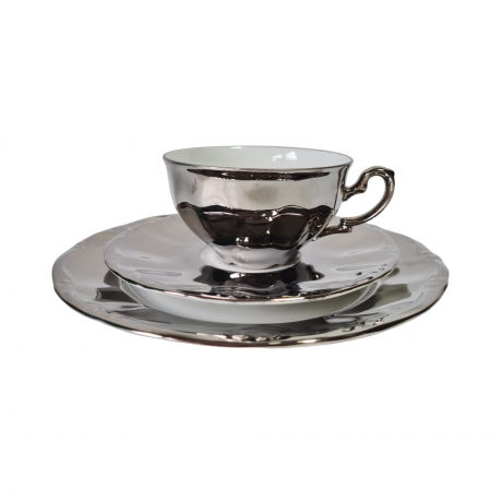 Чайное трио винтажное Kronester Bavaria, серебристо-белый фарфор, Германия, 1960-1970гг.