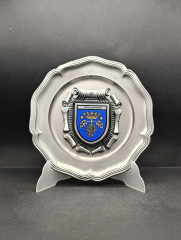 Тарелка декоративная винтажная &quot;Герб города Унтергромбах&quot; / Серия &quot;Геральдика&quot;, яркий декор, олово (95%), 23 см, Германия, 1970-80гг.