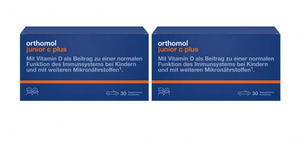 Orthomol junior C plus Kautabletten Tangerine/Orange, 30st x 2 packs, Ортомол джуниор Витамин С+ с Витамином D и кальцием, жевательные таблетки для иммунитета, здоровья, роста и развития детей с 4-х лет, со вкусом мандарина/апельсина, 30шт х 2 упаковки