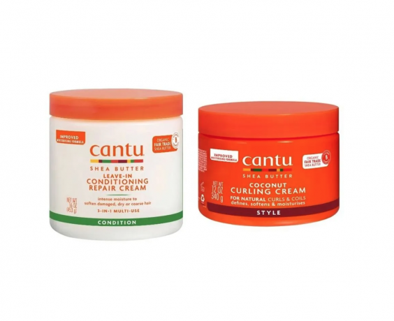 Cantu Shea Butter Leave in + Curling Cream Набор для кудрявых волос  2 шт: несмываемый кондиционер 453 г + крем для кудрей 340 г, без сульфатов, КГМ 