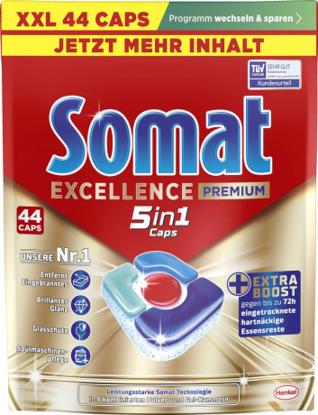 SOMAT Excellence Premium 5in1 Caps XXL, 44 St, Сомат Капсулы для посудомоечной машины 5в1 Premium, глубокая очистка и блеск, 44 шт