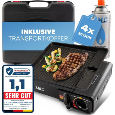 ZMC ZMC Gaskocher 2in1 Campingkocher Grillplatte mit Piezozundung + 4x Gaskartuschen, (Grillplatte Tischgrill Transportkoffer Gasbrenner Gasgrill Kochfeld LPG Anschluss Schwarz Warmeleistung: 2,2KW), Butan Gas 227g Campingkocher Outdoor Camping Gas Kocher