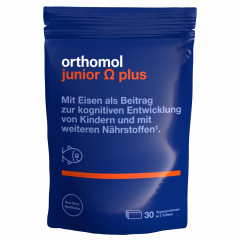 Orthomol Junior Omega Plus Kaudragees 30 portions х 2packs, Ортомол Омега плюс с железом, омега-3, цинком и витамином B12, для улучшения работы мозга для детей с 4-х лет, ириски с фруктовым вкусом, 30 порций x 2 упаковки (курс на 60 дней)