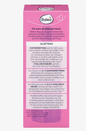 Balea Serum Beauty Expert Peptide, Сыворотка для лица с пептидами: 0,1% пептидов меди + 0,2% гиалуроновой кислоты + 5% глицерина, 30мл