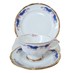 Чайное трио винтажное Wakbrzych с сине-розовым декором и позолотой, Польша, 1960-70гг.