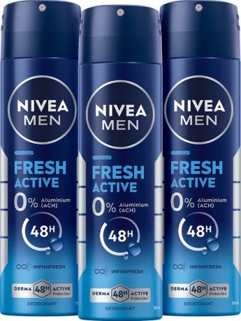 NIVEA MEN Deospray Fresh Active, 450 ml (3x150 ml), Нивеа Мужской дезодорант спрей, морские экстракты, 0% алюминия, 48ч защита, набор, 450 мл