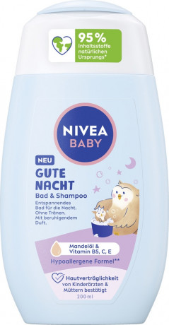 NIVEA BABY Gute Nacht Bad & Shampoo, 200 ml, Нивеа Детский шампунь и гель для купания, миндальное масло, без слёз, расслабляющий, 200 мл
