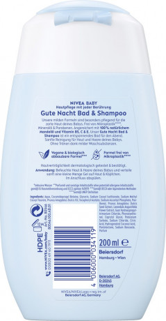 NIVEA BABY Gute Nacht Bad & Shampoo, 200 ml, Нивеа Детский шампунь и гель для купания, миндальное масло, без слёз, расслабляющий, 200 мл