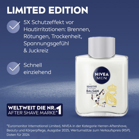 NIVEA MEN Sensitive Aftershave Balsam Real Madrid Limited Edition, 100 ml, Нивеа Мужской бальзам после бритья, экстракт ромашки и витамин E, для чувствительной кожи, 0% спирта, 100 мл