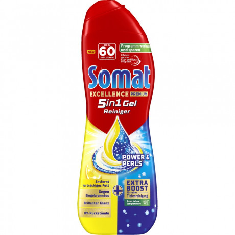 SOMAT Excellence Premium 5in1 Gel Reiniger Power & Perls, 60 WL, Сомат Гель для посудомоечной машины 5в1, премиальная очистка и блеск, 60 циклов