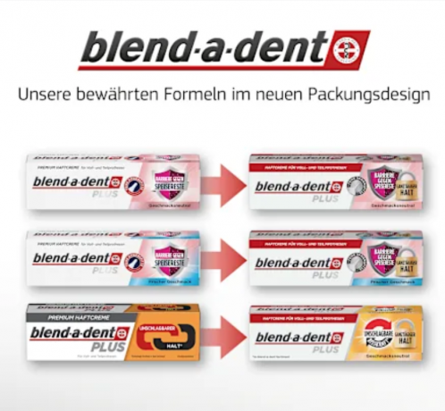 Blend-a-dent Plus 40g x 5st, Крем для фиксации зубных протезов (Германия), длительная и прочная фиксация, нейтральный вкус, для полных и частичных протезов мощность , 40 г x 5 штук 