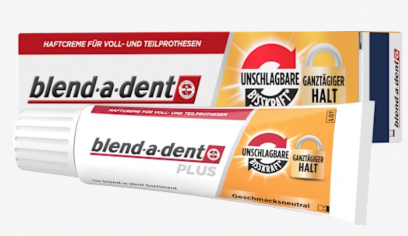 Blend-a-dent Plus 40g x 5st, Крем для фиксации зубных протезов (Германия), длительная и прочная фиксация, нейтральный вкус, для полных и частичных протезов мощность , 40 г x 5 штук 