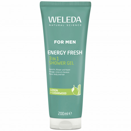 Weleda Energy Fresh Duschgel for Men, 200 ml, Мужской гель для душа Energy Fresh 3 в 1 для тела, лица и волос с лимоном и кедром, 200 мл