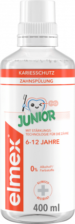 elmex Mundspuelung Kariesschutz Junior, 6-12 Jahren, 400 ml, Детский ополаскиватель Junior Kariesschutz с фторидом и мягким мятным вкусом, 6–12 лет, 400 мл