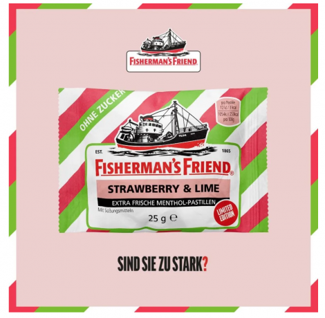 Fisherman's Friend Strawberry Lime 24st x 25g, Клубника и Лайм, без сахара, 24 шт x 25 г, леденцы для горла, освежающие и успокаивающие