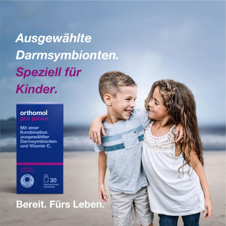 Orthomol Pro junior Kombination ausgewahlter darmsymbionten und Vitamin C, 30 Kautabletten, Высокоэффективный пробиотик с бифидобактериями, лактобактериями и витамином С, жевательные таблетки со вкусом клубники, для детей с 4ех лет, 30шт (курс на 30 дней)