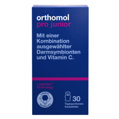 Orthomol Pro junior Kombination ausgewahlter darmsymbionten und Vitamin C, 30 Kautabletten, Высокоэффективный пробиотик с бифидобактериями, лактобактериями и витамином С, жевательные таблетки со вкусом клубникиx, для детей с 4ех лет, 30шт (курс на 30 дней