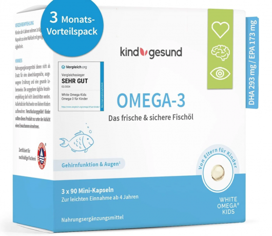 WHITE OMEGA Kids Omega-3 Capsules for Children 90st, Омега 3 для детей (Германия), мини капсулы без вкуса и запаха рыбы для мозга и внимания, DHA 293 мг EPA 173 мг, 90шт