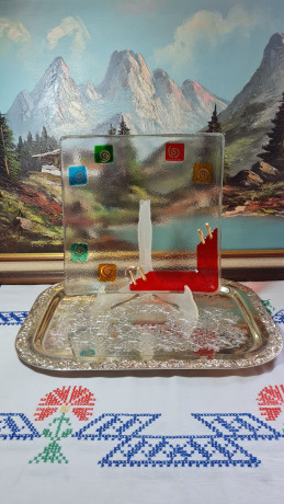 Тарелка винтажная Silvestri Art Glas Im Stil, с ярким геометрическим декором, стекло, 27 x 27 x 5 см, Германия, 1960-70гг.