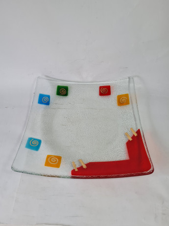 Тарелка винтажная Silvestri Art Glas Im Stil, с ярким геометрическим декором, стекло, 27 x 27 x 5 см, Германия, 1960-70гг.