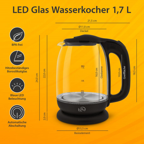 T24 T24 Wasserkocher Borosilikatglas Wasserkocher mit LED 2200 Watt 1,7 Liter THV schwarz, 1.7 l, 2200 W Чайник T24 Чайник из боросиликатного стекла со светодиодной подсветкой 2200 Вт 1,7 л THV черный, 1,7 л, 2200 Вт