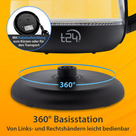 T24 T24 Wasserkocher Borosilikatglas Wasserkocher mit LED 2200 Watt 1,7 Liter THV schwarz, 1.7 l, 2200 W Чайник T24 Чайник из боросиликатного стекла со светодиодной подсветкой 2200 Вт 1,7 л THV черный, 1,7 л, 2200 Вт
