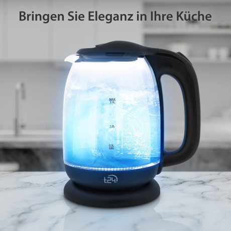 T24 T24 Wasserkocher Borosilikatglas Wasserkocher mit LED 2200 Watt 1,7 Liter THV schwarz, 1.7 l, 2200 W Чайник T24 Чайник из боросиликатного стекла со светодиодной подсветкой 2200 Вт 1,7 л THV черный, 1,7 л, 2200 Вт