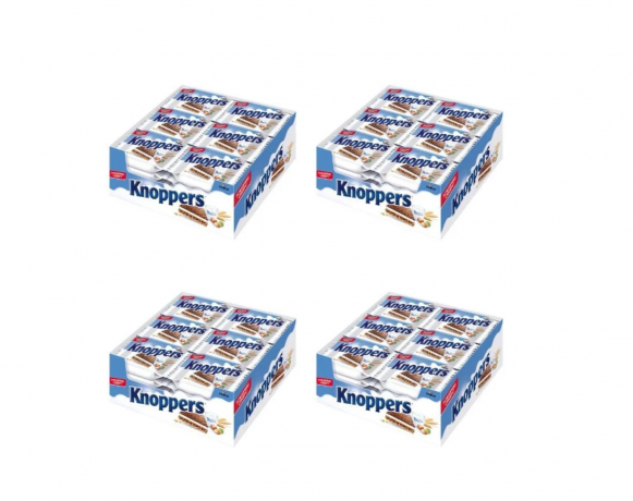 Knoppers Original 24st x 4packs (96st), Вафли для детей и взрослых, порционные вафельные батончики, хрустящие немецкие сладости к чаю, молочно-ореховая начинка, вкус молока и фундука, Набор 4 уп х 24 шт (96 шт х 23,5 )