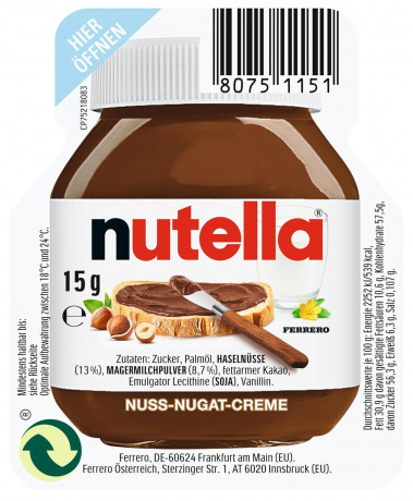 Ferrero Nutella Brotaufstrich 15g x 120 Stk, Паста шоколадная порционная для кафе и дома (Германия), 120 шт по 15 г, индивидуальная упаковка, удобный формат без перерасхода, с фундуком и какао, кремовая текстура, шоколадно-ореховый вкус