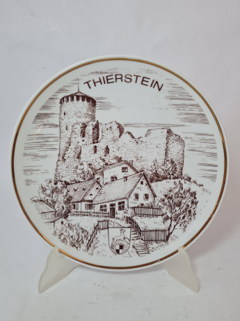 Декоративная тарелка винтажная Wundsiedel Bavaria, белый фарфор с изображением г. Тирштайна  в коричневых тонах, 25 x 3,5, Германия, 1960-70гг.