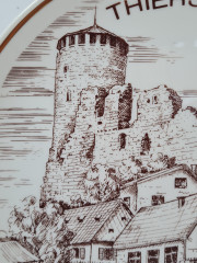 Декоративная тарелка винтажная Wundsiedel Bavaria, белый фарфор с изображением г. Тирштайна  в коричневых тонах, 25 x 3,5, Германия, 1960-70гг.