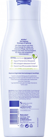 NIVEA 2in1 Express Shampoo & Spulung, 400 ml, Нивеа Шампунь и кондиционер 2 в 1, алоэ вера и глянц-сыворотка, блеск и расчёсывание, 400 мл