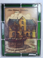 Картина винтажная Helga Hanzmann &quot;Старая ратуша Висбадена 1610г. Винный погреб&quot;, витражная рама, на стекле, 29 x 22 см, Германия, 1984г.