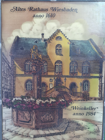 Картина винтажная Helga Hanzmann "Старая ратуша Висбадена 1610г. Винный погреб", витражная рама, на стекле, 29 x 22 см, Германия, 1984г.