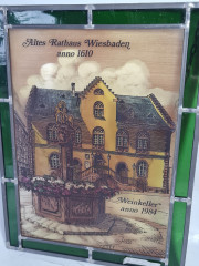 Картина винтажная Helga Hanzmann &quot;Старая ратуша Висбадена 1610г. Винный погреб&quot;, витражная рама, на стекле, 29 x 22 см, Германия, 1984г.