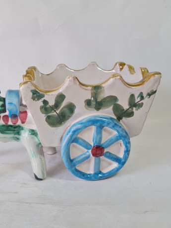 Статуэтка винтажная большая "Ослик с повозкой", ручная роспись, керамика, 22.5 см, Италия, 1960-70гг.