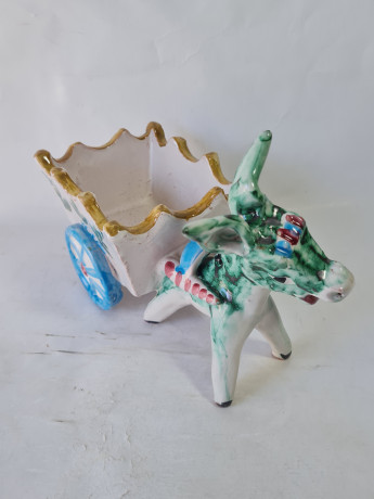 Статуэтка винтажная большая "Ослик с повозкой", ручная роспись, керамика, 22.5 см, Италия, 1960-70гг.