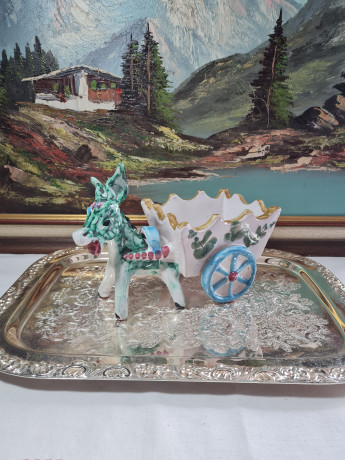 Статуэтка винтажная большая "Ослик с повозкой", ручная роспись, керамика, 22.5 см, Италия, 1960-70гг.