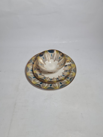 Чайное трио винтажное Elfenbein Bavaria желто-синее с золотистым декором, фарфор, Германия, 1970-80гг.