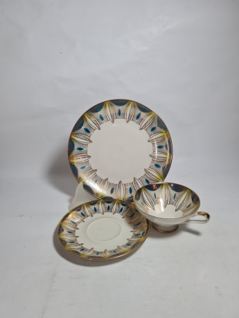 Чайное трио винтажное Elfenbein Bavaria желто-синее с золотистым декором, фарфор, Германия, 1970-80гг.