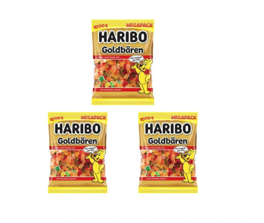 Haribo Goldbaren 1kg x 3st, Жевательный мармелад, пакет, фруктовый мармелад мишки ассорти, мягкая текстура, без искусственных, Набор 1кг x 3шт 