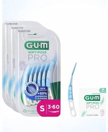 GUM Soft Picks Pro S 180 st (3 packs х 60st), Межзубные ёршики, зубочистки для зубов, изогнутая форма, ультрамягкие щетинки, очистка межзубных промежутков, уход за чувствительными деснами Набор 180 шт (3 х 60)